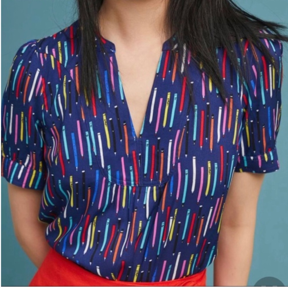 Anthropologie Conversations Writes Block Pencil Blouse Top 14